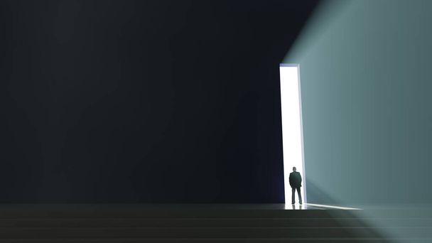 Un homme se tenait à une porte regardant vers la lumière. - Photo, image