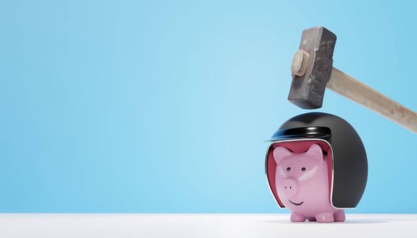 Schützen Sie Ihre Investitionen mit Sicherheitsausrüstung Blick auf ein Sparschwein mit Helm. - Foto, Bild