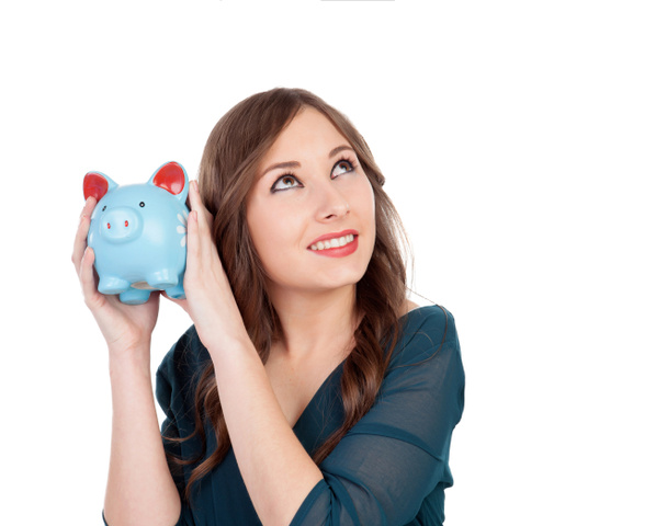 Chica joven sorprendida con una caja de dinero azul
 - Foto, imagen