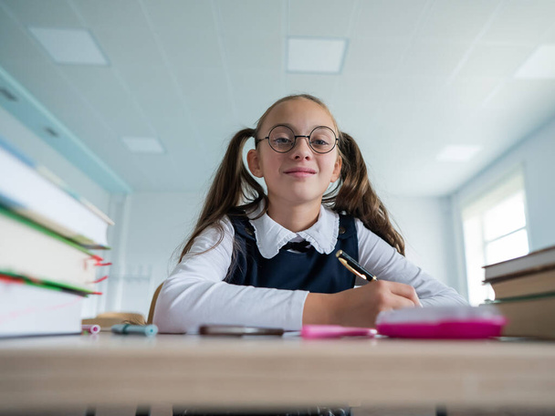 Caucasian girl with two ponytails sits at her desk and writes in a workbook - Fotoğraf, Görsel