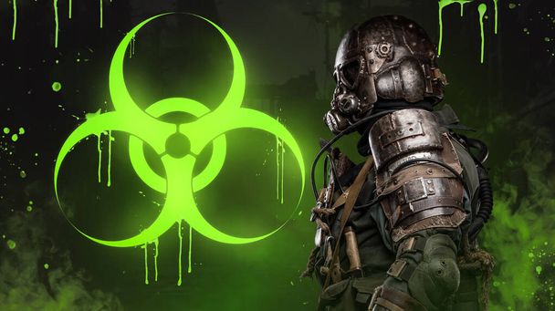 W postapokaliptycznym świecie żołnierz noszący unikalną zbroję antybiologiczną stoi przed masywnym zielonym znakiem zagrożenia biologicznego, trzymając przy sobie karabin koncepcyjny. - Zdjęcie, obraz