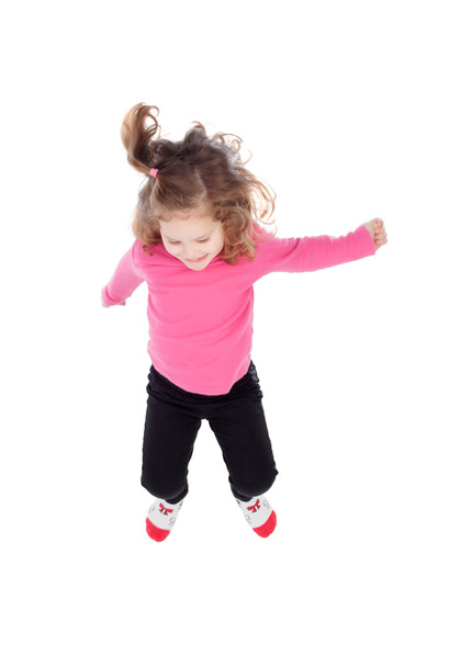 Niña feliz en salto rosa
 - Foto, Imagen