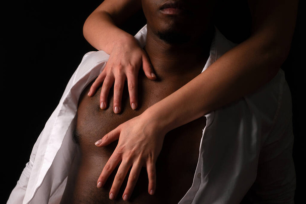 Multiethnic, Black man with woman. African man with girl. Female dominates a male. Interracial sex - Фото, изображение