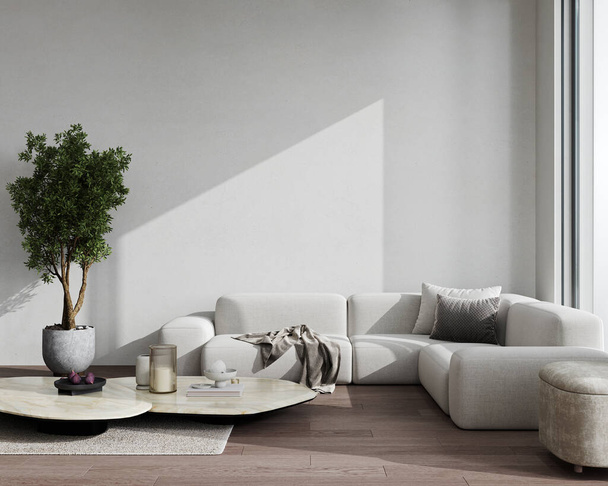 Minimalist modern living room interior background, living room mock up in scandinavian style, empty wall mockup, 3d rendering - Fotoğraf, Görsel