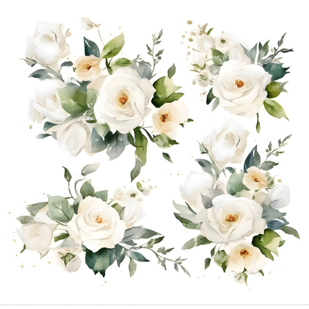 Watercolor white roses and eucalyptus bouquets set - Foto, Imagen