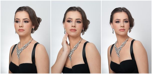 Hairstyle and make up - beautiful female art portrait with beautiful eyes. Elegance. Genuine natural brunette with jewelries in studio. Portrait of a attractive woman with red lips and creative makeup - Photo, Image
