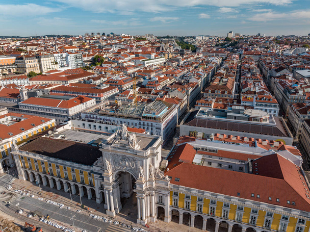 Lisbon, Portugal - June 16, 2023: Aerial drone view of Praca do comercio in Lisbon, Portugal - 写真・画像
