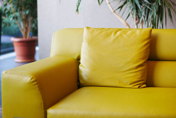 nowoczesna, żółta sofa z poduszkami w salonie w domu. - Zdjęcie, obraz