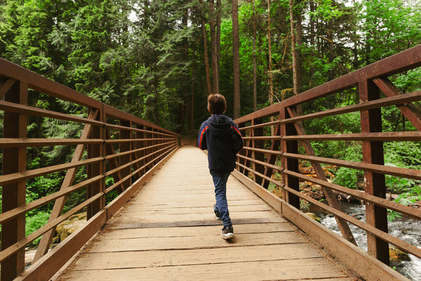 Ein kleiner Junge erkundet den saftig grünen Wald bei einer Sommerwanderung. Kind läuft über eine rustikale Holzbrücke, umgeben von hohen Bäumen und lebendigem Laub - Foto, Bild