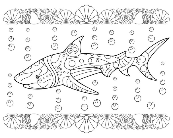 Žraločí antistres s ohraničením skořepin - vektorový lineární obrázek pro zbarvení. Obrys. Zbarvení kniha se žralokem ryby s zentangles pro omalovánky. - Vektor, obrázek