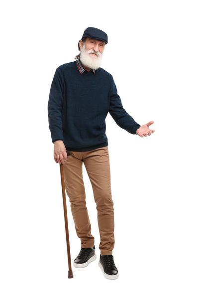 Senior man with walking cane on white background - Foto, Bild
