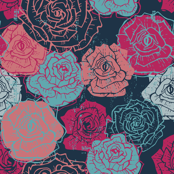 Mão desenhada rosas vintage sem costura padrão em azul escuro
 - Vetor, Imagem