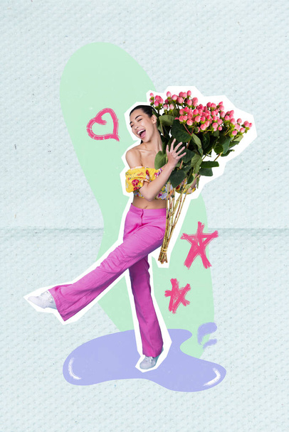 Collage 3d pinup pop retro sketch image of smiling carefree lady holding big huge bouquet isolated painting background. - Foto, imagen