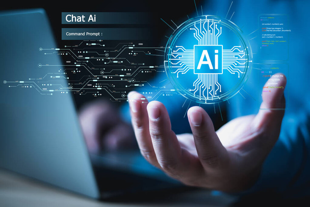 Επιχειρηματίας δείχνουν εικονικά γραφικά Global Internet connect Chat Ai Chat με AI, τεχνητή νοημοσύνη. χρησιμοποιώντας το προτρεπτικό εντολής για δημιουργεί κάτι, φουτουριστικό μετασχηματισμό τεχνολογίας. Τεχνολογία Ai - Φωτογραφία, εικόνα
