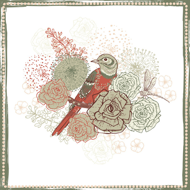 Ρετρό floral διακόσμηση με πουλί - Διάνυσμα, εικόνα