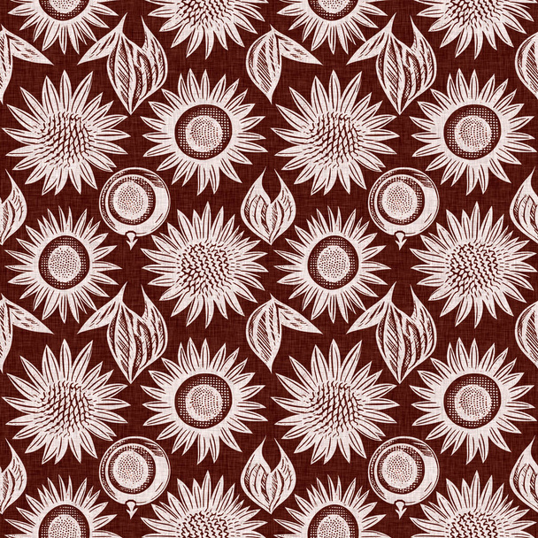 Maroon red country floral blockprint linen seamless pattern. Allover print of French cottage interior cotton effect flower fabric background - Photo, Image