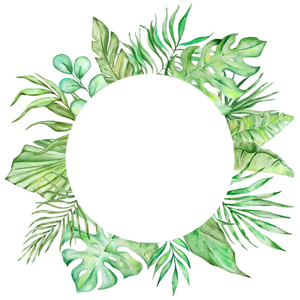 Round frame with watercolor tropical leaves for summer design - Valokuva, kuva