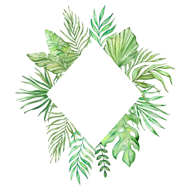 Rhombus frame with watercolor tropical leaves for summer design - Φωτογραφία, εικόνα