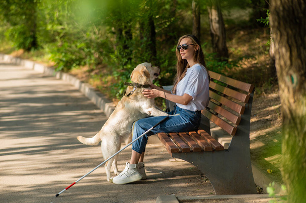 Blind young woman cuddling with guide dog while sitting on a bench - Фото, зображення