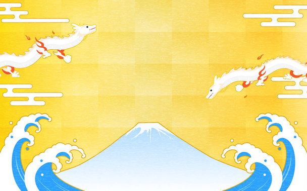 Fuji und zwei Drachen (Schlangen) im Flug über raue See, Neujahrsbanner im japanischen Stil, Jahr des Drachen, 2024, Vektorillustration - Vektor, Bild
