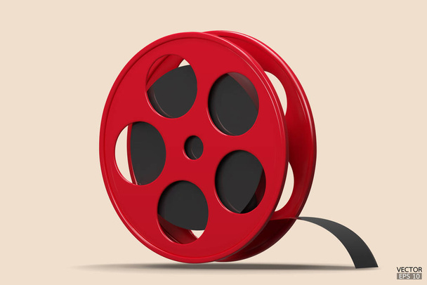 Red Film icon isolated on beige background. Video camera tape 3D sign symbols logo. Reel Camera Negative Film. 3d render movie,cinema, entertainment concept. 3D Vector Illustration. - Вектор,изображение