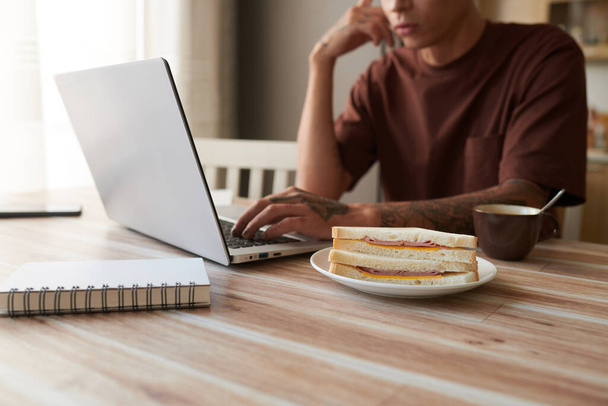 Tányér sonkás-sajtos szendviccsel az otthoni laptopon dolgozó diák asztalán - Fotó, kép
