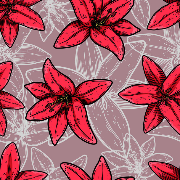 Seamless pattern with lily flowers. Design element for poster, card, banner, clothes decoration. Vector illustration - Vektör, Görsel
