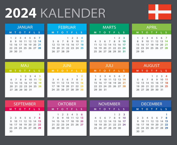 Vector template of color 2024 calendar - Danish version - Vector, imagen