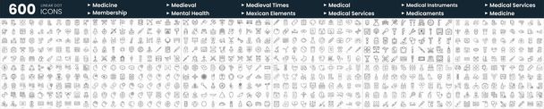 Set de 600 iconos de línea delgada. En este paquete incluyen servicios médicos, médicos, medicinas, tiempos medievales y más - Vector, imagen