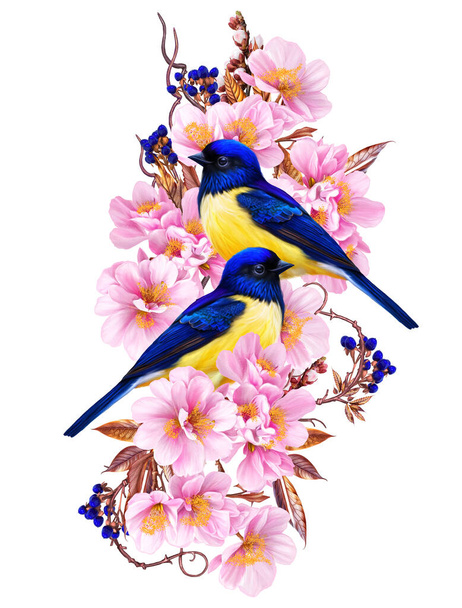 Composición de flores, rosas rosadas, pequeño pájaro brillante, inflorescencias de hermosas flores, estilo vintage, aislado sobre fondo blanco - Foto, Imagen
