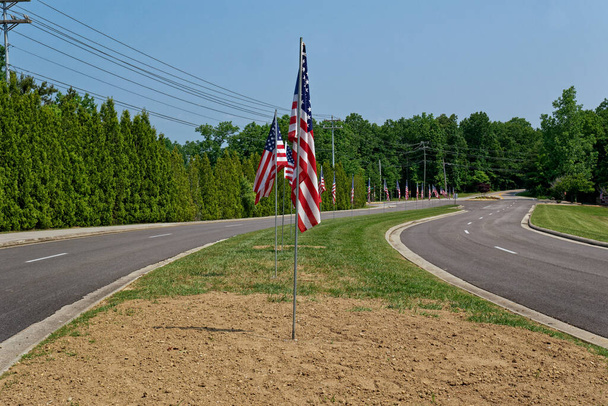 Several full size American flags lined up down the middle of the roadway as a symbol for the 4th of July celebrations on a sunny day in summertime - Photo, Image