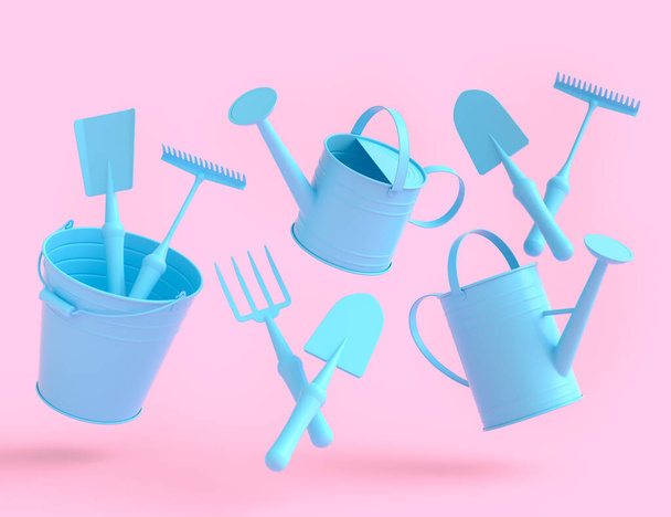 Watering can with garden tools like shovel, rake and fork on monochrome background. 3d render concept of horticulture and farming supplies - Fotografie, Obrázek