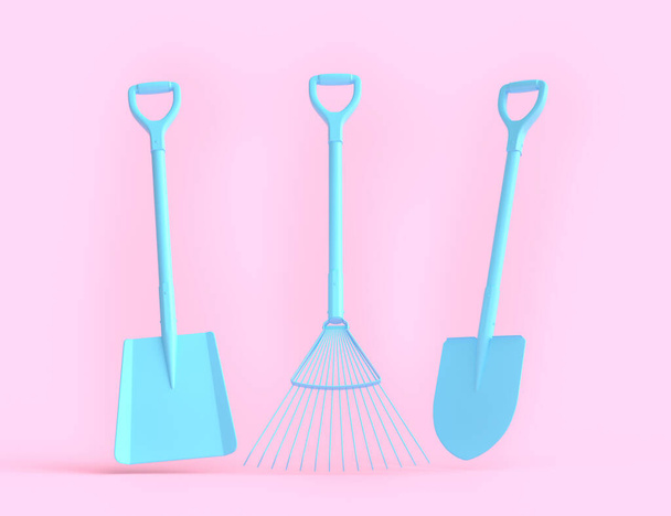 Garden shovel, pitchfork and rake on monochrome background. 3d render of garden tool and equipment for farm, summer camping - Fotografie, Obrázek