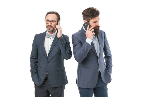 Business negotiations. Good business talk. Men phone conversation. Guy with smartphone call partner. Mobile call concept. Successful business call. Business information. Corporate communication. - Photo, Image