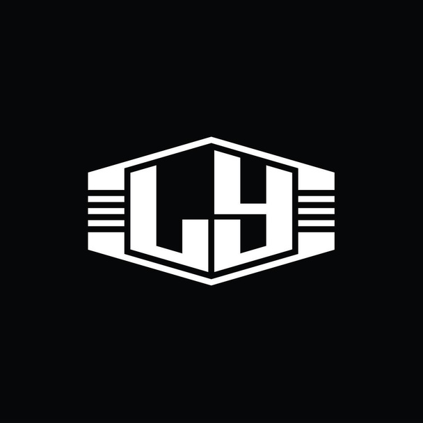 LY Letter Logo μονόγραμμα εξάγωνο έμβλημα σχήμα με ρίγες περίγραμμα στυλ πρότυπο σχεδιασμού - Φωτογραφία, εικόνα
