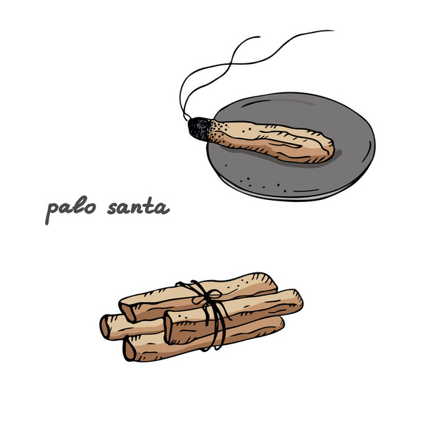 Palo Santo Aroma botjai a szent fának Latin-Amerikából. Egy csomó tömjén és egy égő bot a fertőtlenítéshez és aromaterápiához. A spirituális gyakorlás misztikus szimbóluma vektor illusztráció - Vektor, kép