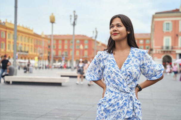 Beautiful young mixed race woman at Place Massena in Nice - Photo, Image