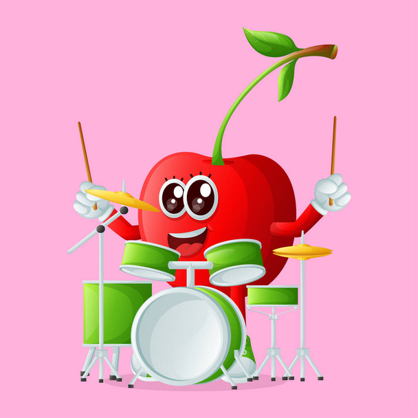 Cute cherry character playing drum. Perfect for kids, merchandise and sticke - Vetor, Imagem