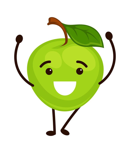 Apple character with smiling facial expression, isolated cheerful personage with leaf on head, sweet muzzle, and hands raised up. Emoji or sticker, natural product fruit. Vector in flat style - Vektor, Bild