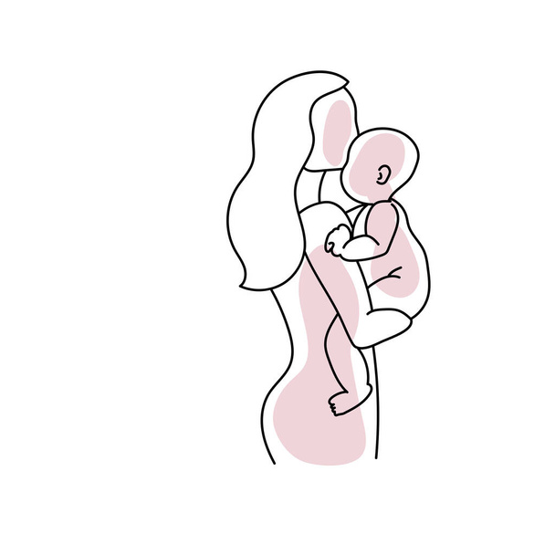 Línea de arte madre sosteniendo a su bebé aislado sobre fondo blanco. - Vector, Imagen