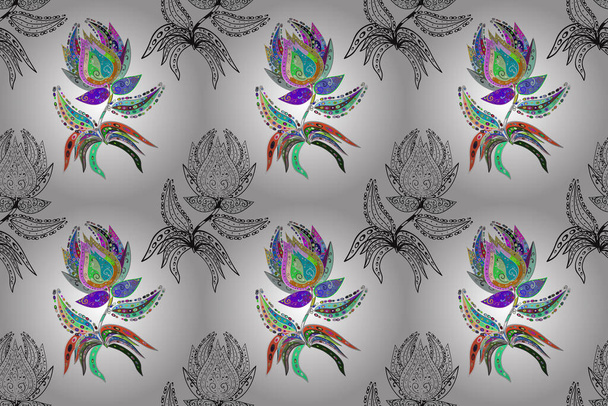 Niedliches Blumenraster-Muster. Flache Blume Elemente Design. Farbe Sommer Theme nahtlose Muster Hintergrund. Blumen in grauen, blauen und weißen Farben. - Foto, Bild