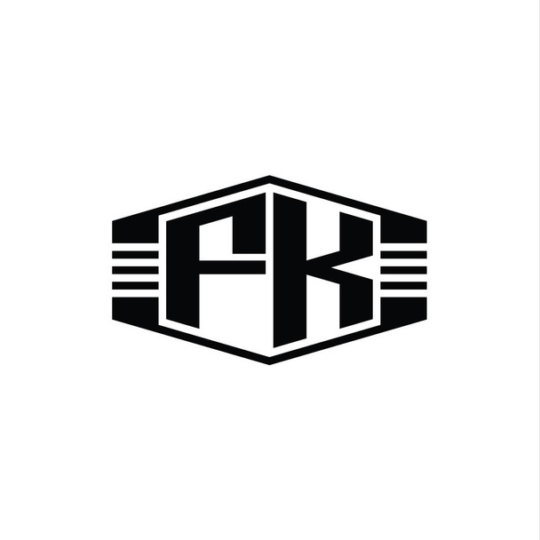 FK Letter Logo monogram zeshoek embleem vorm met strepen outline stijl design template - Foto, afbeelding
