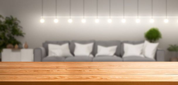 Puu pöytä moderni kotihuoneen sisustus tyhjä kopio tilaa pöydälle tuotteen näyttö mockup. Huonekalujen suunnittelu ja kodin sisustus käsite. sydämellinen - Valokuva, kuva