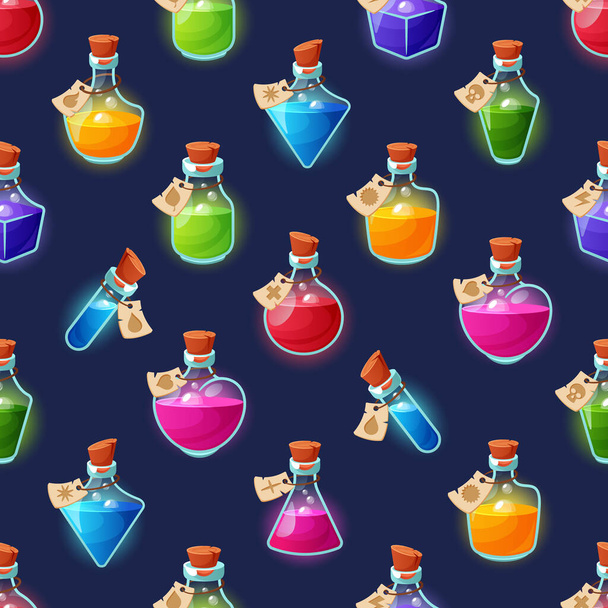 Enchanting Seamless Pattern Featuring Variety Of Magic Potion Bottles. Perfect For Adding A Touch Of Whimsy And Mystique To Designs Or Decor. Cartoon Magical Tile Background. Vector Illustration - Vector, afbeelding