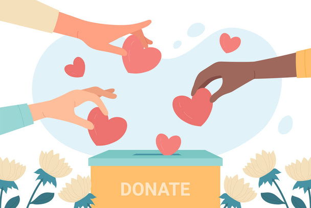 As mãos das pessoas doam. Voluntários dão corações à caixa de doação ilustração vetorial plana. Esperança, solidariedade, ajuda aos refugiados conceito - Vetor, Imagem