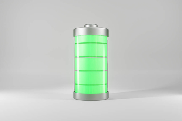 3D vykreslení baterie se zeleným indikátorem úrovně nabíjení na bílém pozadí studia. ilustrace 3d konceptu nabíjení zdroje napájení. - Fotografie, Obrázek