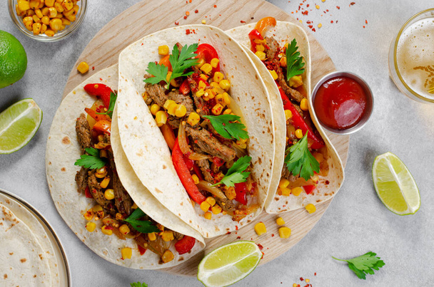 Mexican Tacos with Beef and Vegetables, Tacos al Pastor on Grey Concrete - Фото, зображення