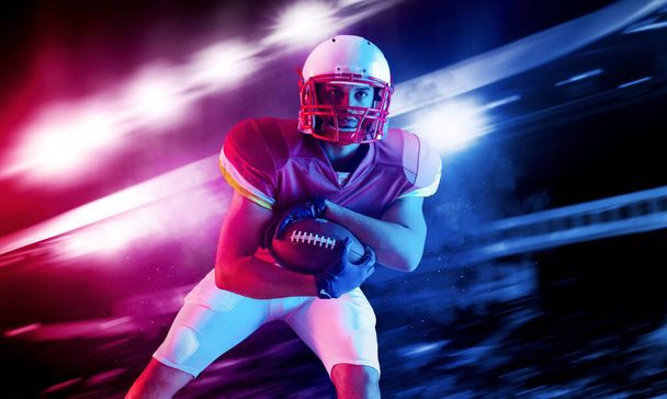 American football player banner for ads. Template for a sports magazine, websites, articles, outdoor advertisments with copy space. Mockup for betting advertisement - 写真・画像