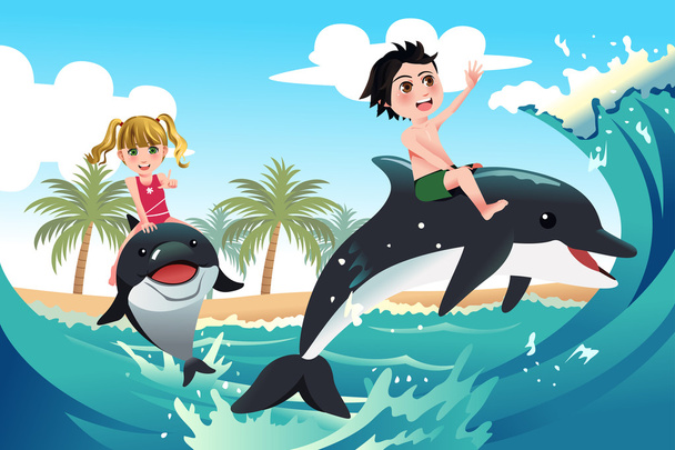 Szczęśliwe dzieci bawiące się z delfinami w Oceanie - Wektor, obraz