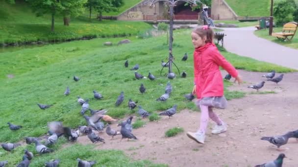 Een vrij gelukkig meisje in een roze jasje, een rok en warme panty loopt en schrikt vogels af op een zonnige dag in een stadspark alleen. - Video
